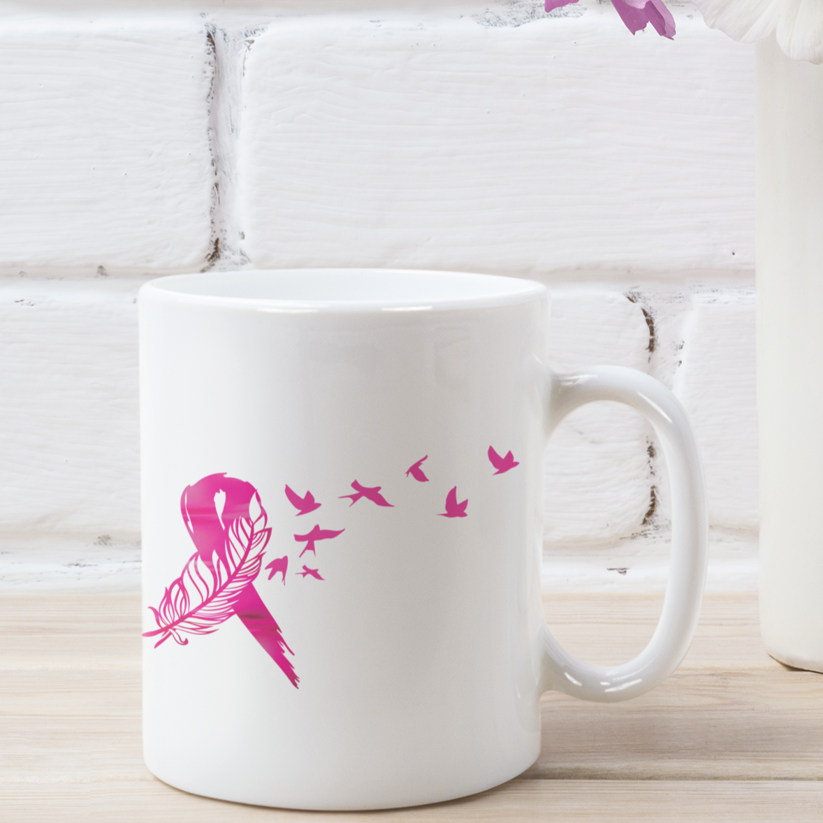 Breast Cancer Feather and Birds Mug