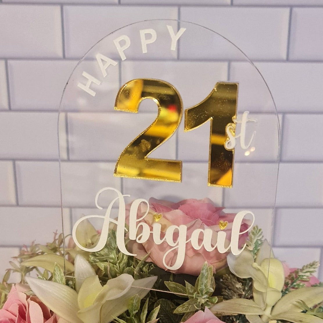 Acrylic Cake Topper for 21st Birthday in Clear, White and Gold