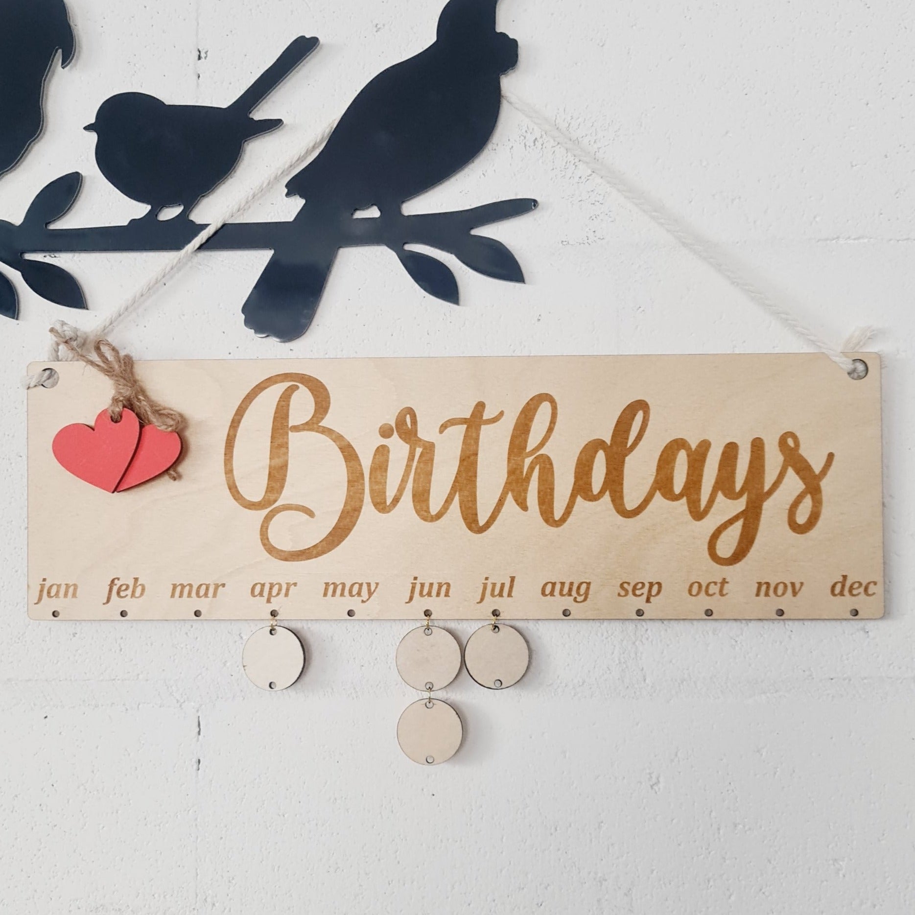 Wooden Engraved Birthday Calendar with Red Hearts and writeable discs for dates and names