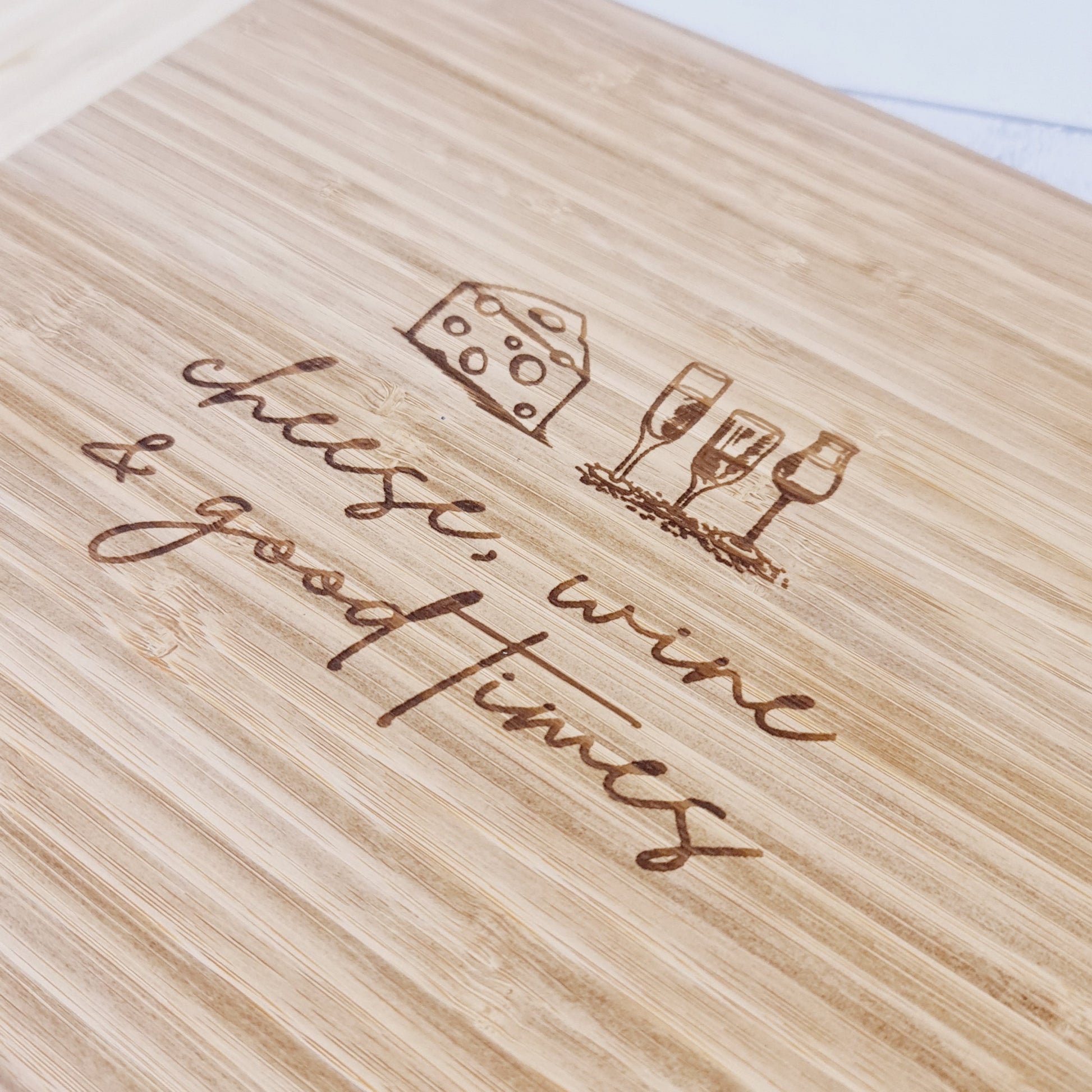 Laser Engraved Bamboo Board with Cheese Wine and Good times