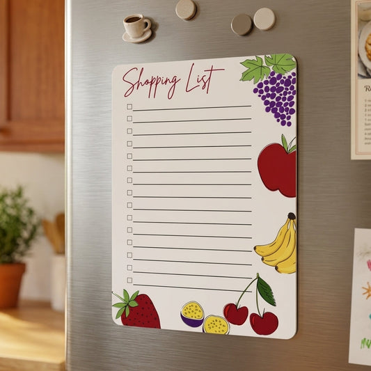 Magnetic Shopping list attached to silver fridge, includes bright colourful images of grapes, strawberries, bananas, cherries and passionfruit. 