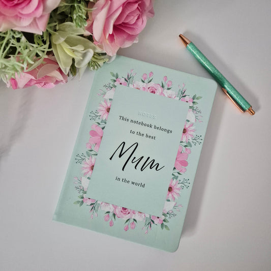 A personalised notebook for a special mum, nana, granny featuring a soft floral border and the words this notebook belongs to the best .... in the world. 