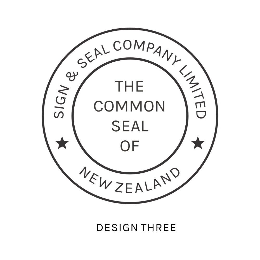 Circular seal design with text 'The Common Seal of New Zealand' on a white background