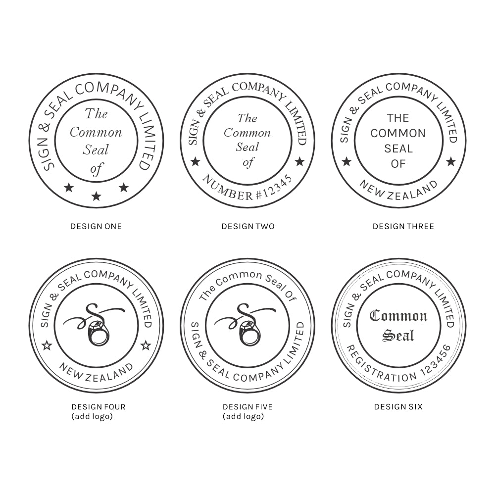 Six circular design options for a sign and seal company limited, each with different text and branding elements.