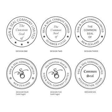 Six circular design options for a sign and seal company limited, each with different text and branding elements.