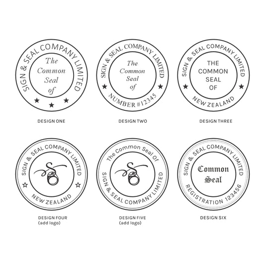 Six circular design options for a sign and seal company limited, each with different text and branding elements.