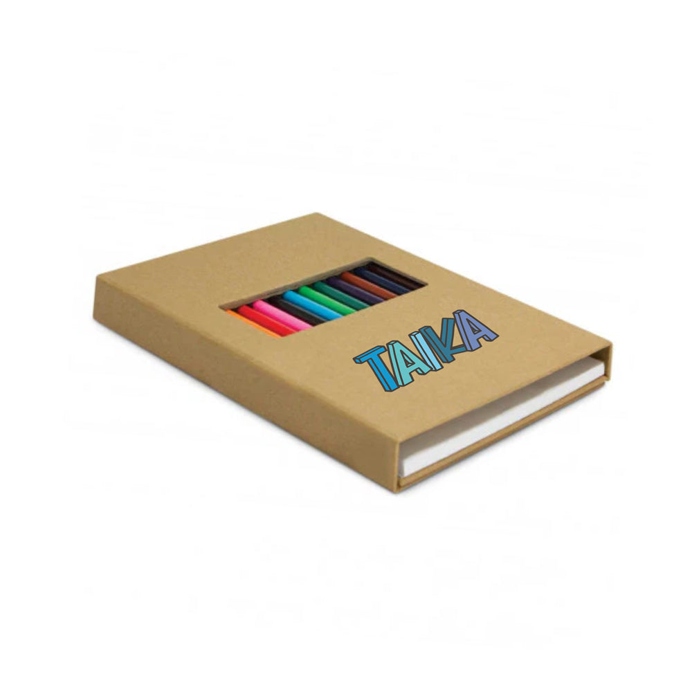 A brown kraft paper notebook or book-style case with a window showing colorful pencils or crayons inside, and the word 'TAKA' printed on the front, photographed on a white background.