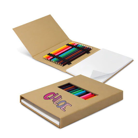 Personalised kraft sketch set with custom printed name Chloe and 12 coloured pencils