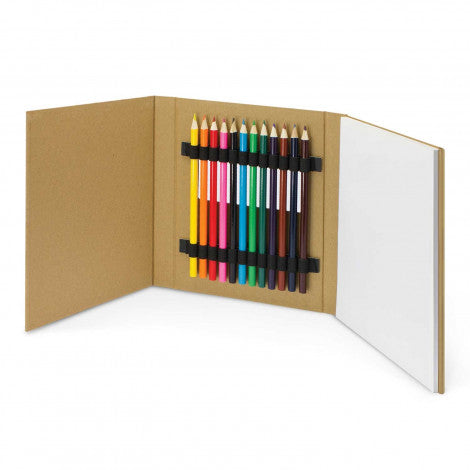 Set of colored pencils in a cardboard holder on a white background