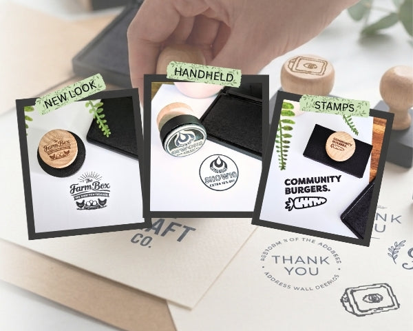 Three sample kraft paper stamp cards are displayed on a light surface, with a hand holding the center card. The cards show examples of custom wooden and rubber stamps with different logos and text, including 'FarmBox', 'Community Burgers', and 'Handheld'.