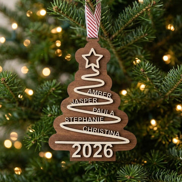 Custom wooden family Christmas tree decoration with custom names and year 2026 hanging with red striped ribbon