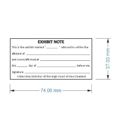 Exhibit note legal stamp with dimensions on a white background