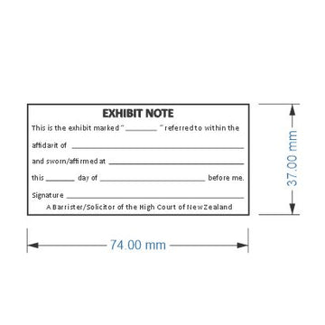 Exhibit note legal stamp with dimensions on a white background
