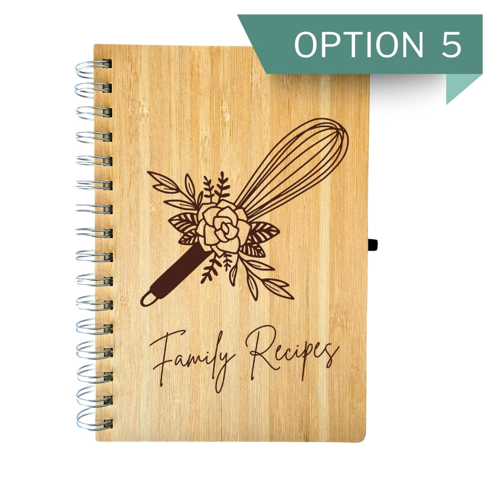 Wooden recipe book with floral whisk design and 'Family Recipes' text.