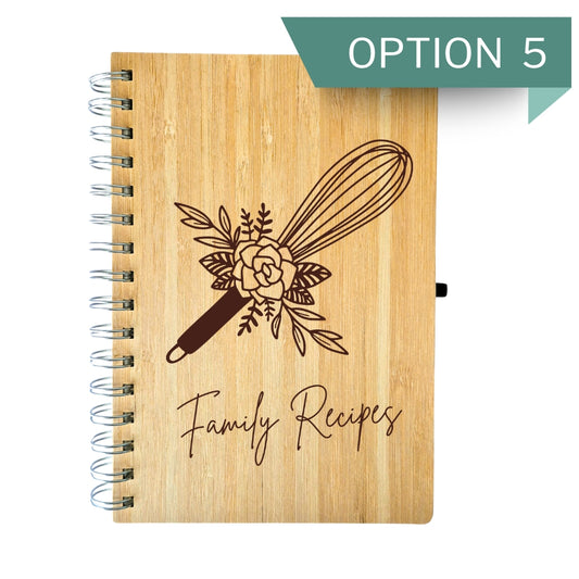 Wooden recipe book with floral whisk design and 'Family Recipes' text.