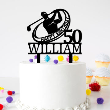 Cake Topper for Golfer, showing a swinging golf club the birth year and name