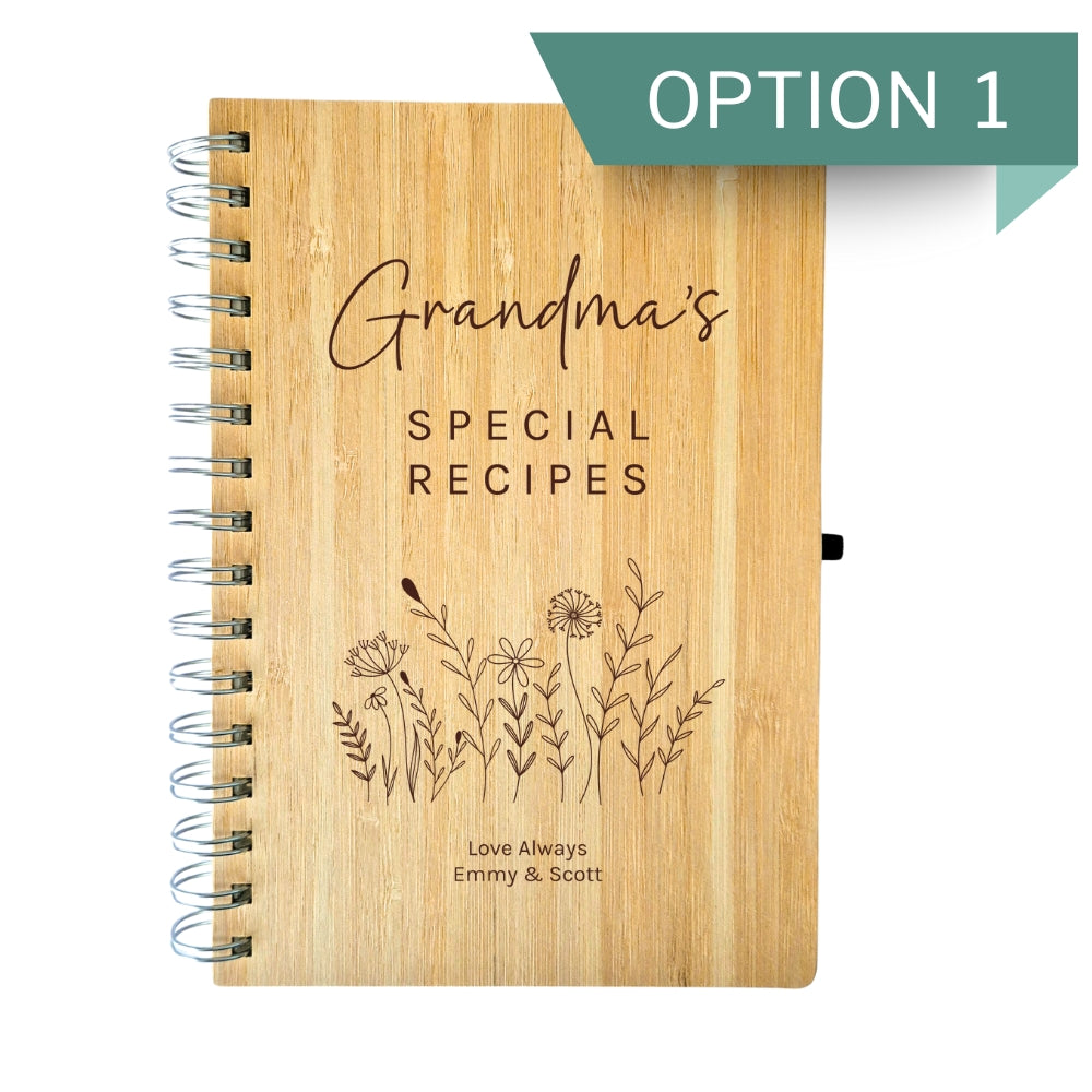 Wooden recipe book with personalised engraved designs and text.