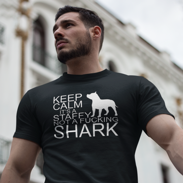 strong-handsome-man-wearing-a-tshirt-that says keep calm it's a staffy not a fucking shark