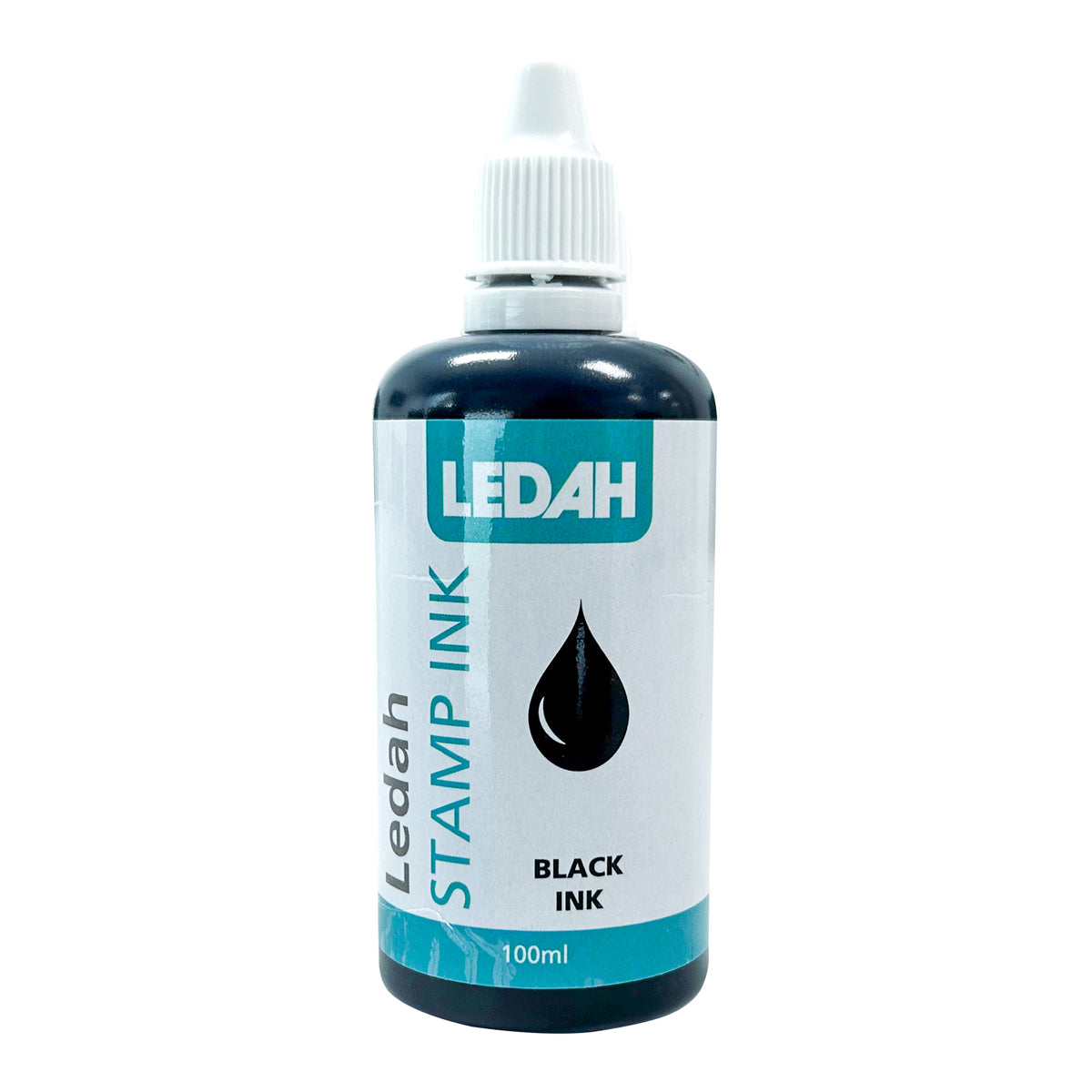A bottle of Ledah Stamp Ink in black color with a capacity of 100ml, featuring a white label with blue and black text.