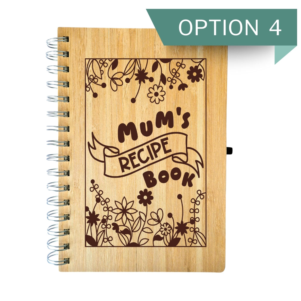 Wooden recipe book with floral designs and 'Mum's Recipe Book' text.