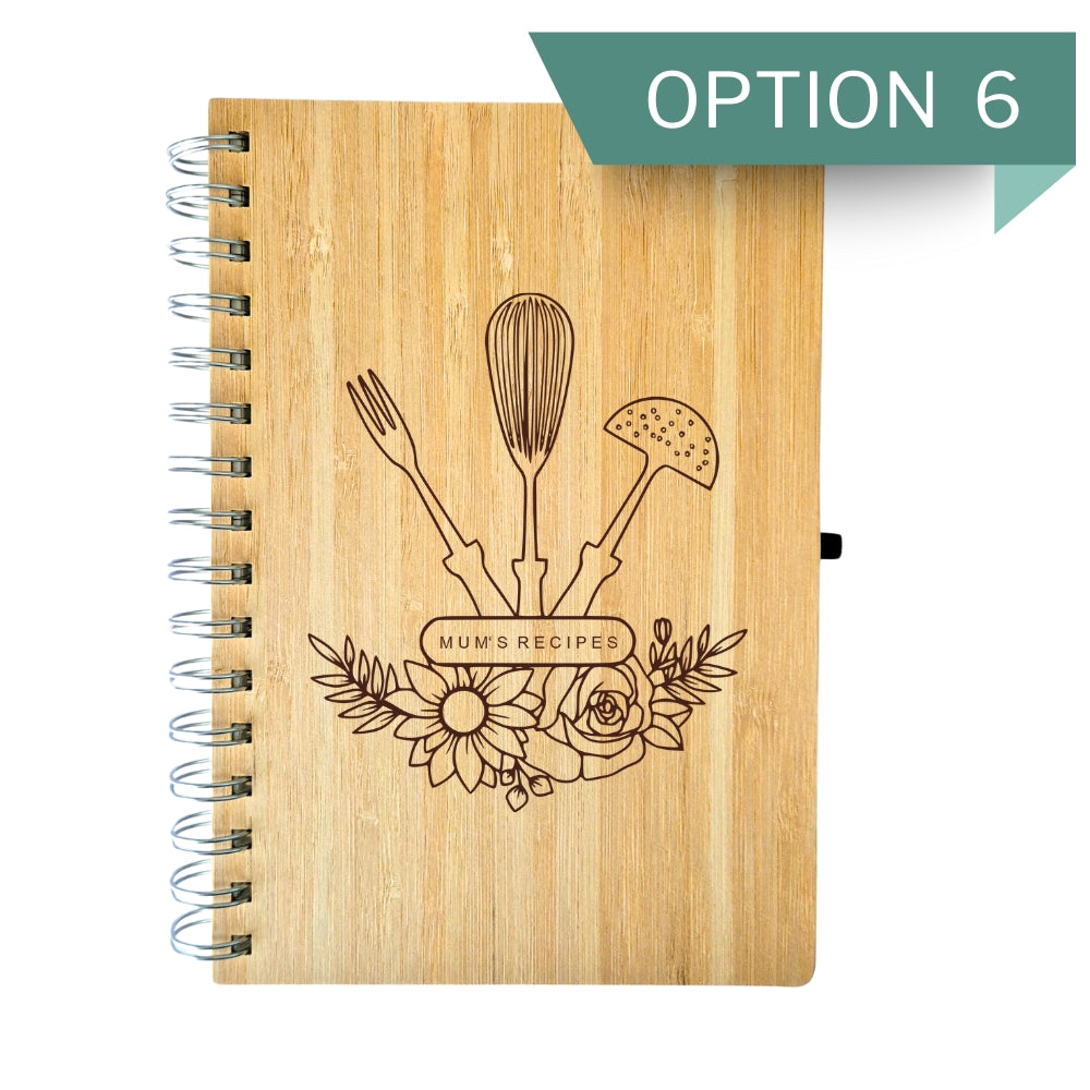 Wooden recipe book with engraved utensils and floral design