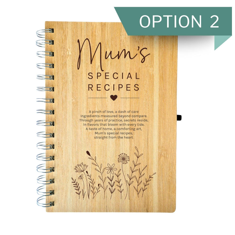 Wooden recipe book with engraved designs and text 'Mum's Special Recipes'.