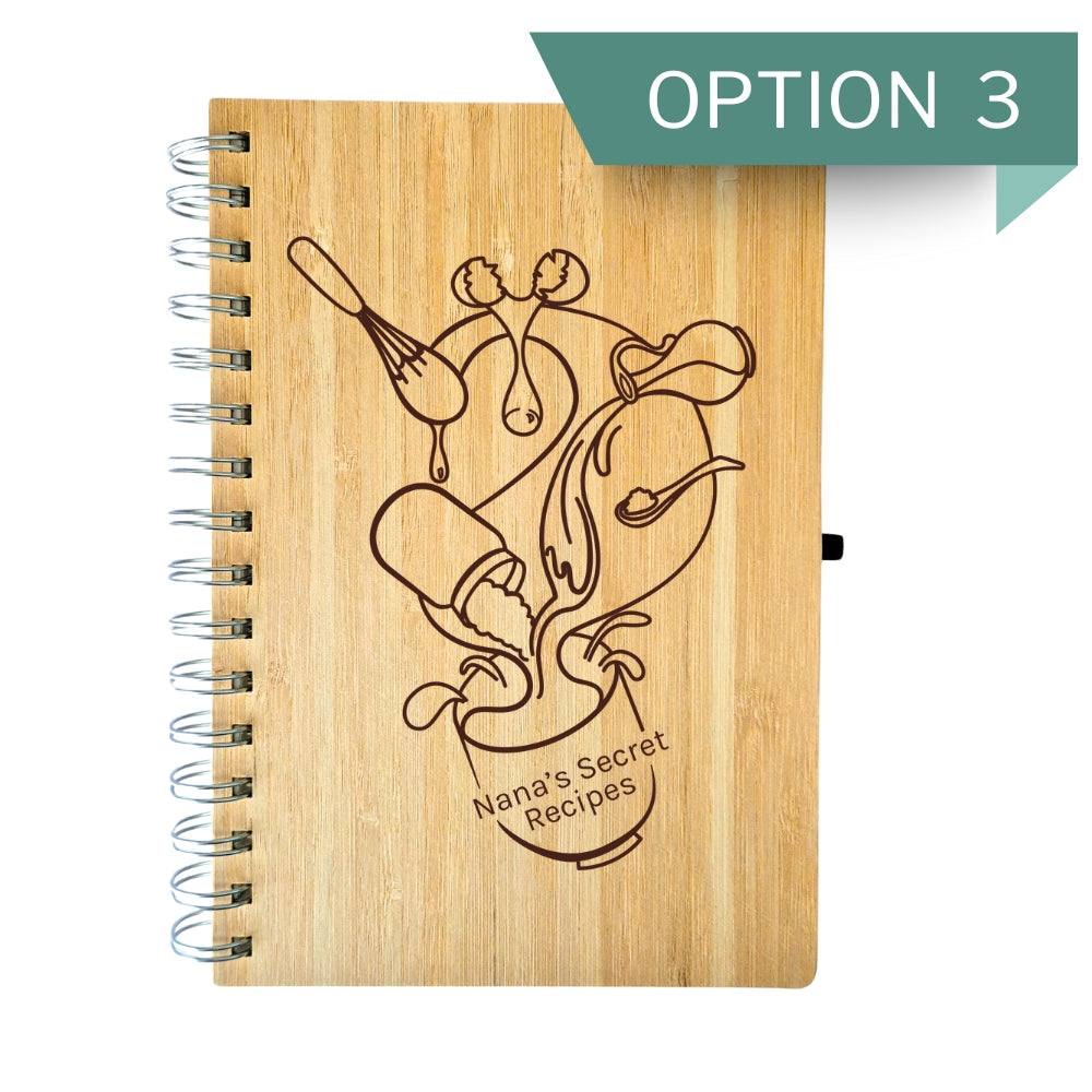 Wooden recipe book with engraved design and text 'Nana's Secret Recipes'.
