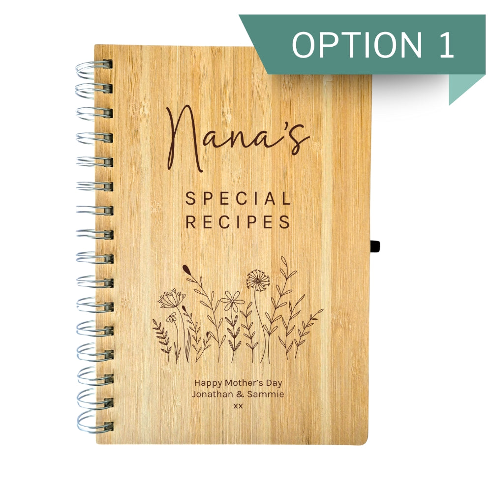 Option 1 for an engraved bamboo recipe book with a pen, featuring a natural bamboo cover with personalized text that reads 'Nana's Special Recipes' and is dated Mother's Day by Jonathan & Sammie.'.