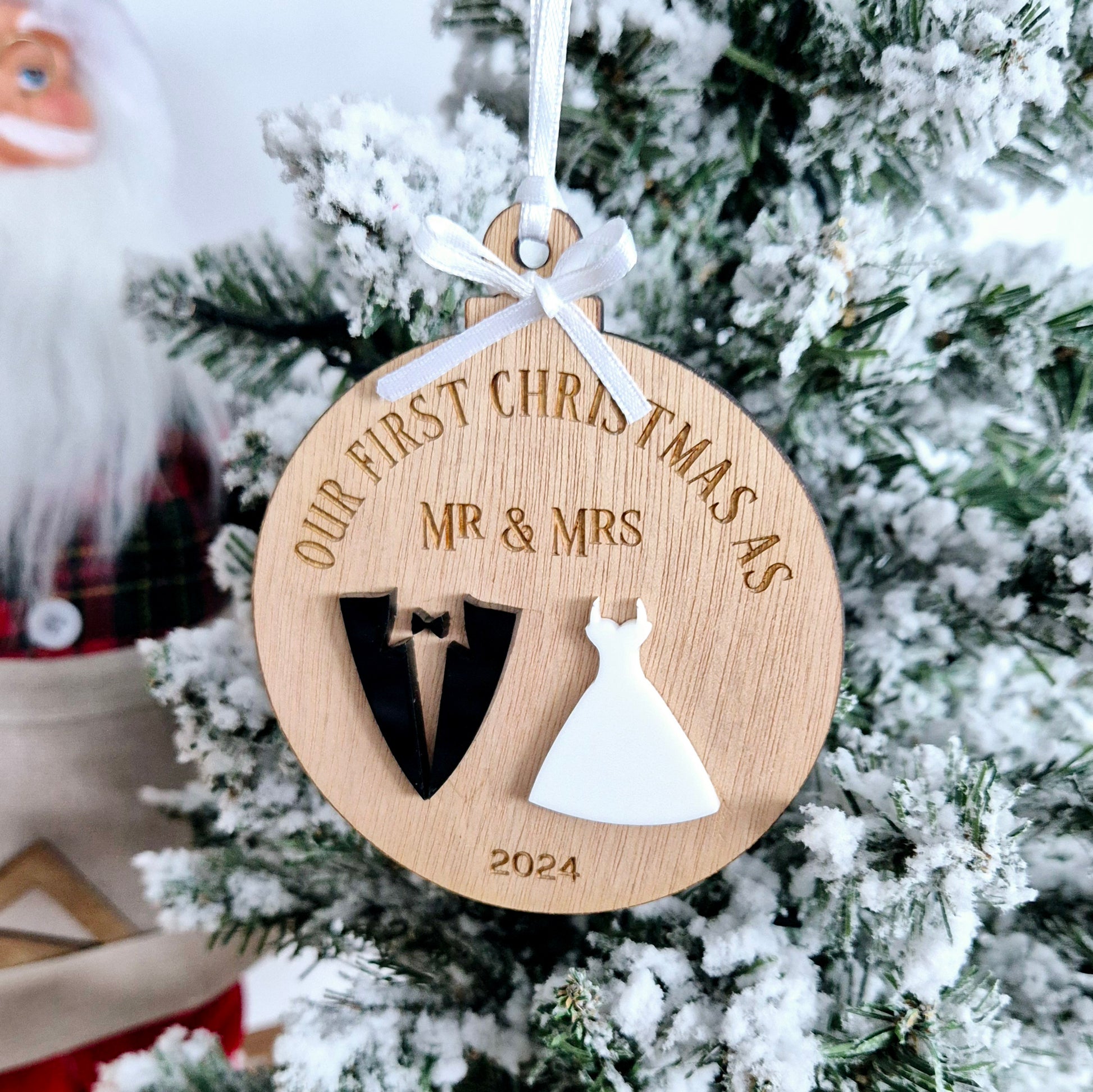 Our First as Mr & Mrs Christmas Ornament , wooden engraved and acrylic accents