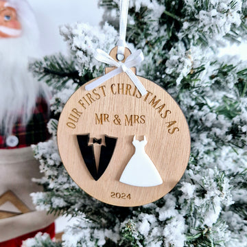 Our First as Mr & Mrs Christmas Ornament , wooden engraved and acrylic accents