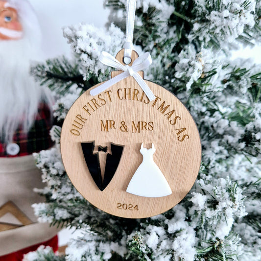 Our First as Mr & Mrs Christmas Ornament , wooden engraved and acrylic accents