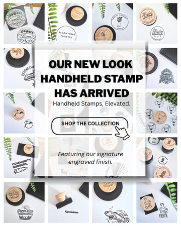 Promotional image for a new look handheld stamp collection with text and product images.