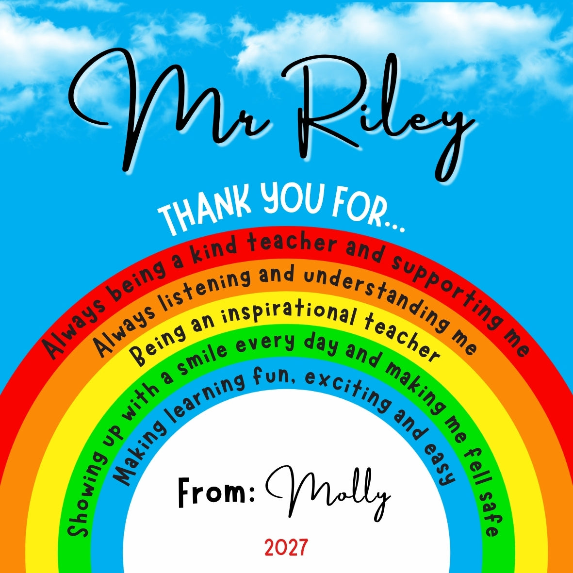 Bright blue sky and rainbow personalised ceramic teacher desk coaster featuring custom thank you messages written inside the colourful rainbow stripes.