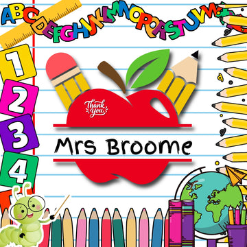 A colorful personalized school-themed graphic featuring a red apple with a green leaf, yellow pencils, numbered blocks, alphabet letters, colored pencils, a globe, and a green caterpillar on a lined notebook background. The text reads 'Thank you' and 'Mrs Broome'.