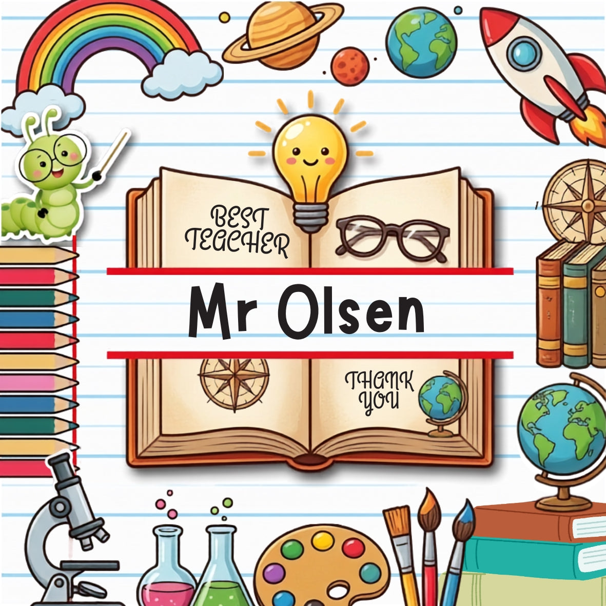 A colorful educational-themed graphic featuring an open book with the text 'Mr Olsen' in the center, surrounded by school and science motifs including a rainbow, rocket, microscope, books, globe, paint palette, and lightbulb on a lined-paper background.