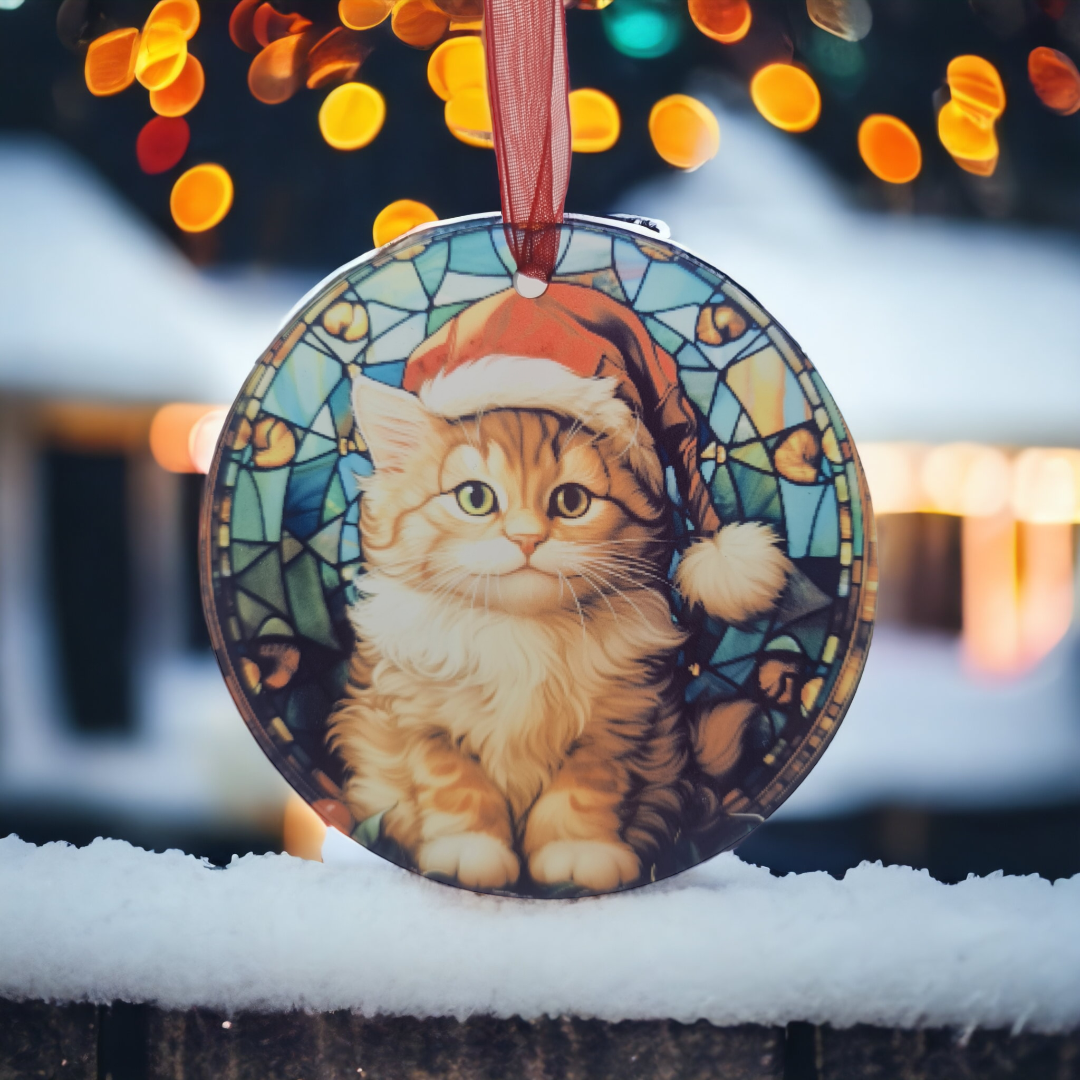 Acrylic Stained Glass Christmas Decoration with cute kitten