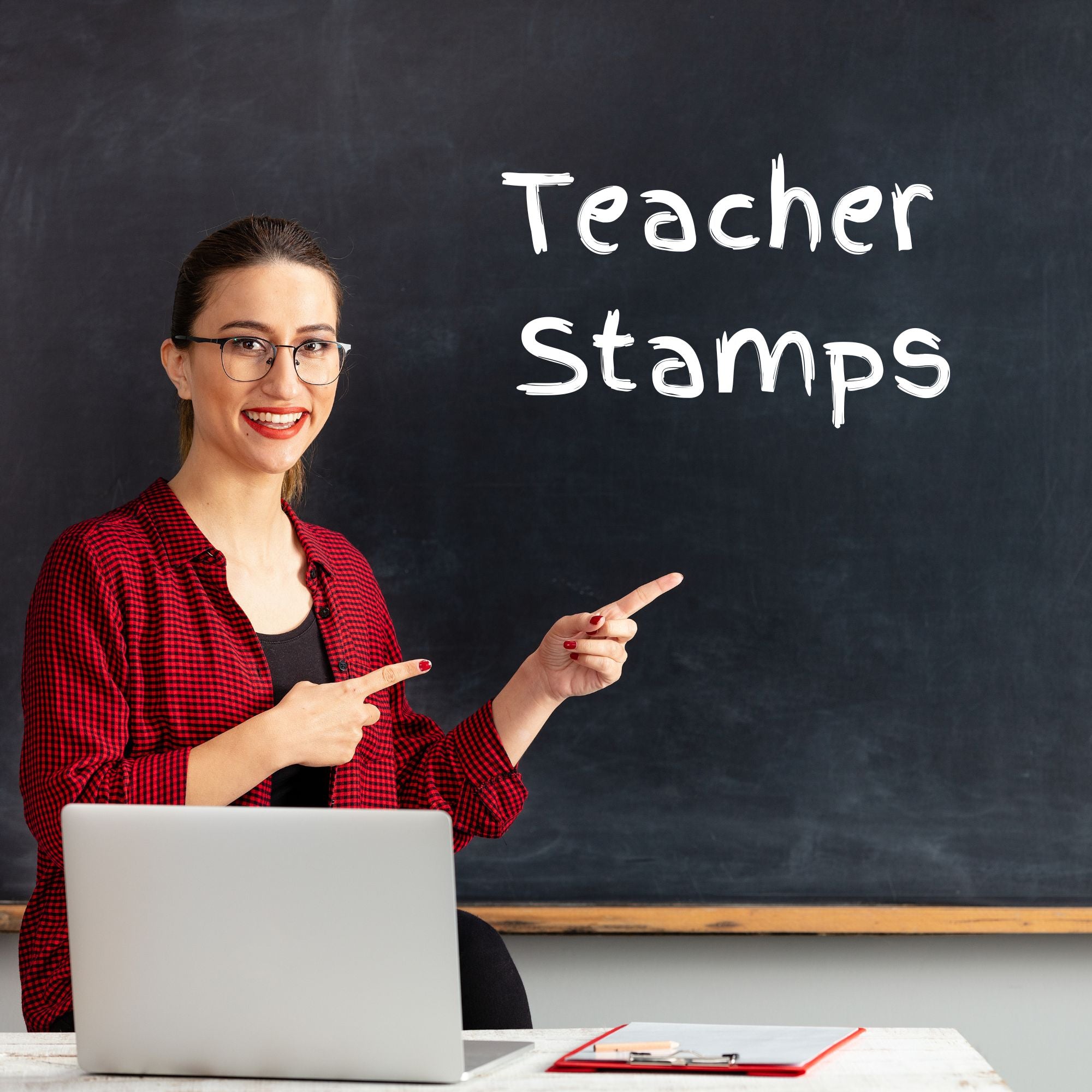 Teacher Pointing to Teacher Stamps - custom rubber stamps for all teachers