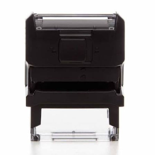 A black and clear self-inking stamp shown from the front on a white background.