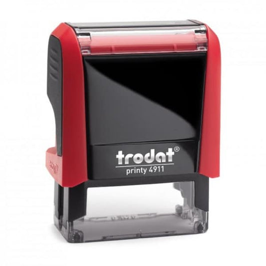 A Trodat Printy 4911 self-inking stamp with a red and black body, shown on a plain white background.
