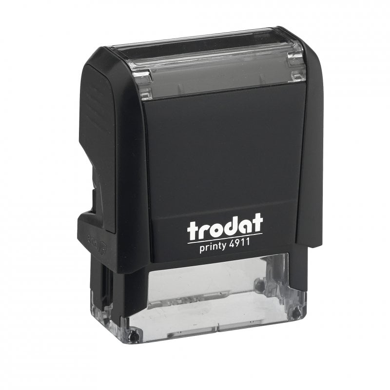 A Trodat self-inking stamp with a black plastic body and a clear plastic base, featuring the 'trodat' brand name printed in white on the front.