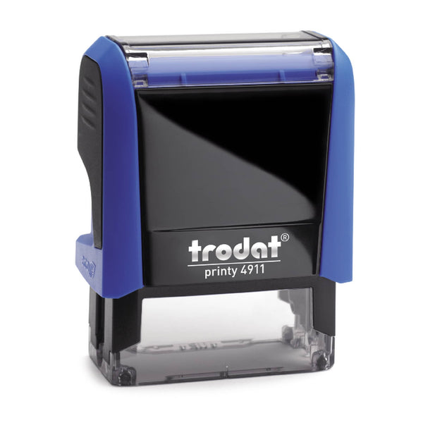 Trodat Printy 4911 self-inking stamp with a black face, blue side panels, and a clear top and base, shown on a white background.
