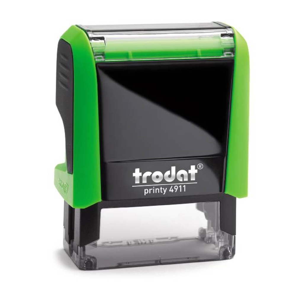 A Trodat Printy 4911 self-inking stamp with a black face, bright green side panels, and a clear ink reservoir, shown on a white background.