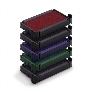 A stack of five flatbed ink pads in a black frame, showing the different ink colors: red, black, purple, green, and black.