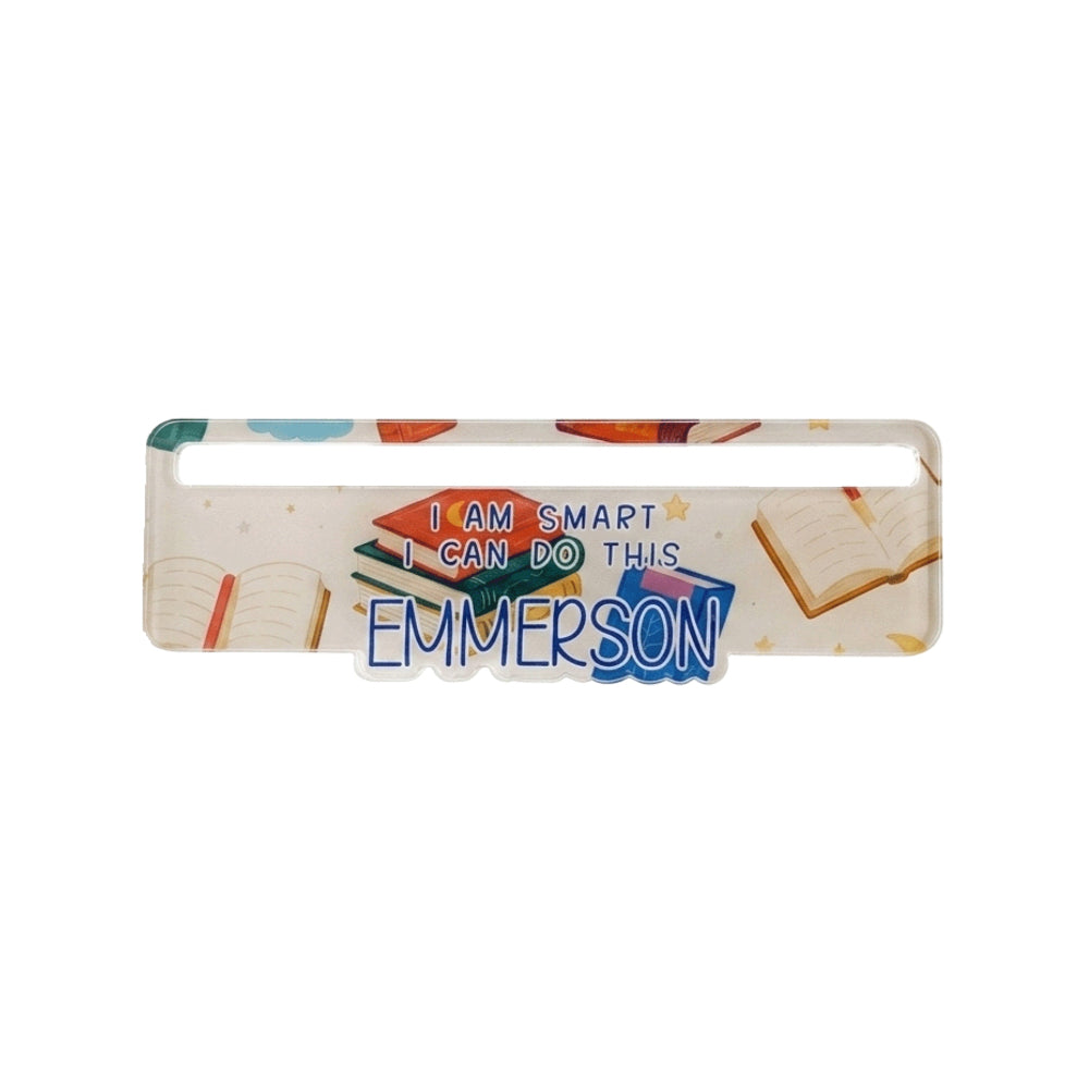 Customised colorful printed acrylic reading tracking rulers with cutout windows featuring child name Emmerson