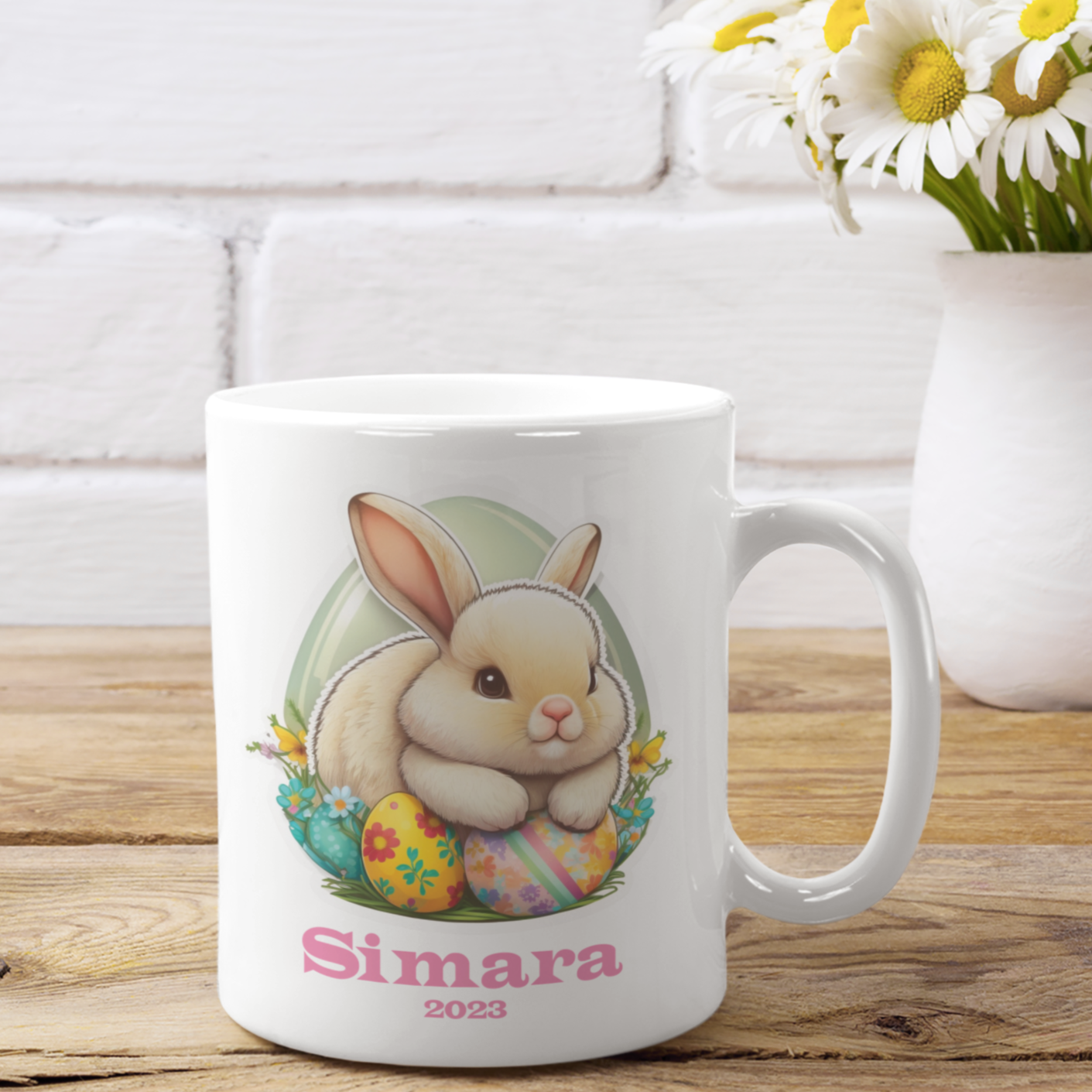 Bunny Mug with Floral Eggs and Name plus year