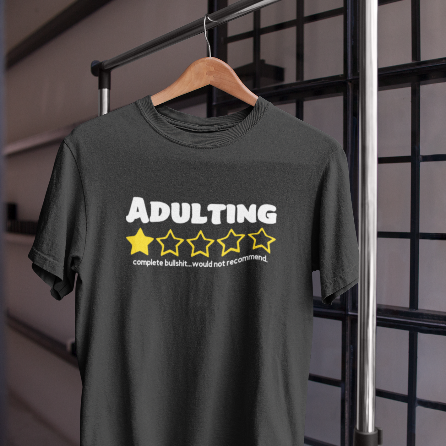 Charcoal Teeshirt with Adulting 1 star complete bullshit would not recommend on the front