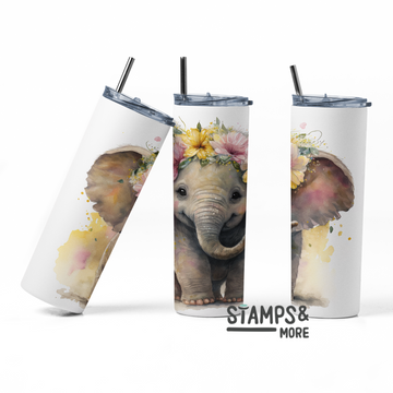 20oz skinny tumbler with cute picture of a baby elephant embedded into it
